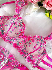Pink Blossom Embroidery Lingerie Set - 2 pcs set