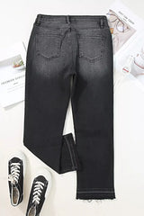 High-Waisted Distressed Hem Straight Leg Jeans -