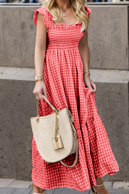 Full Size Smocked Ruffled Plaid Ruffle Hem Dress