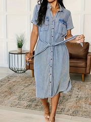 Button Front Short Sleeve Denim Dress -