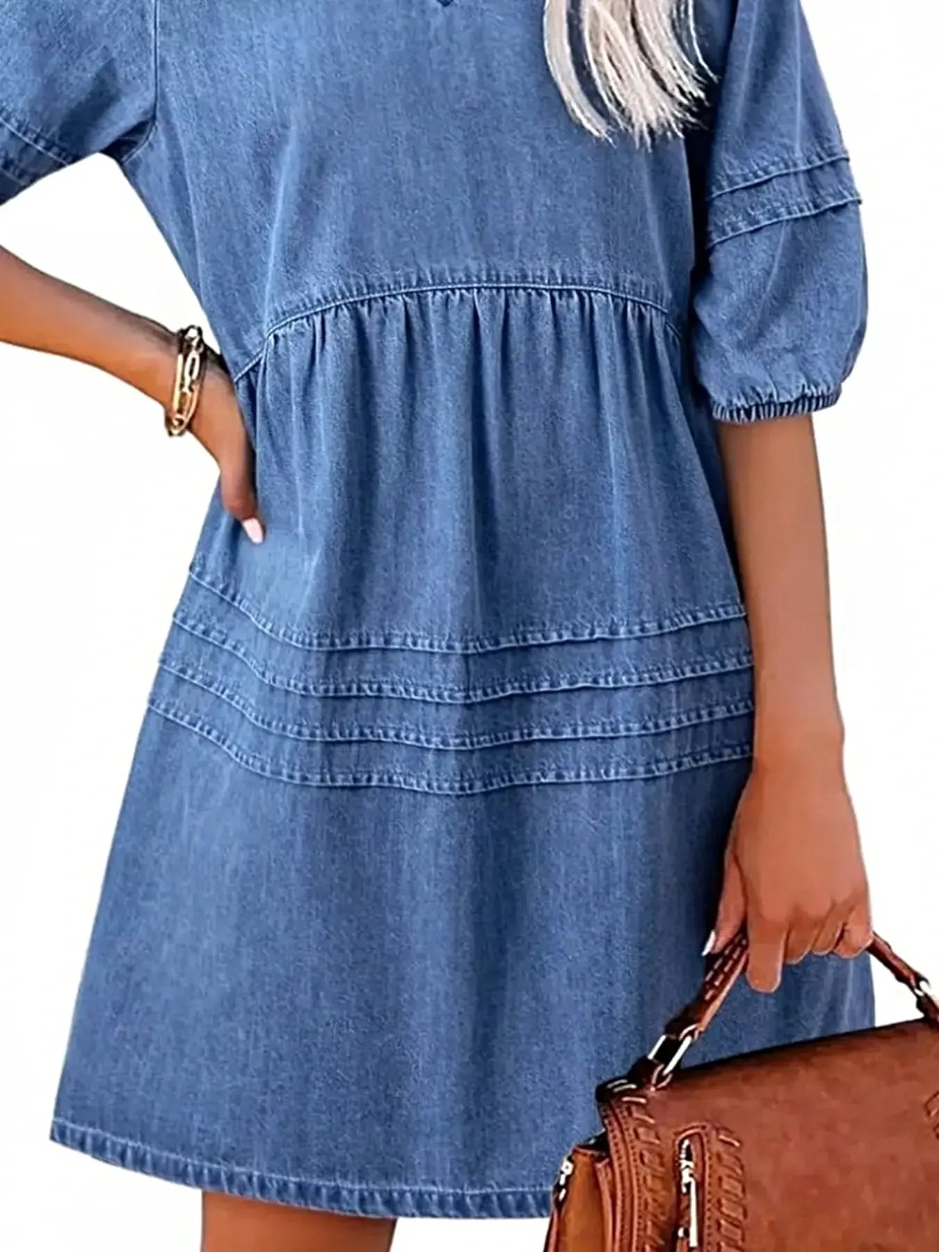 Casual V-Neck Puff Sleeve Denim Mini Dress -