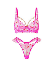 Pink Heart-Embellished Sheer Lingerie Set - 2 pcs set