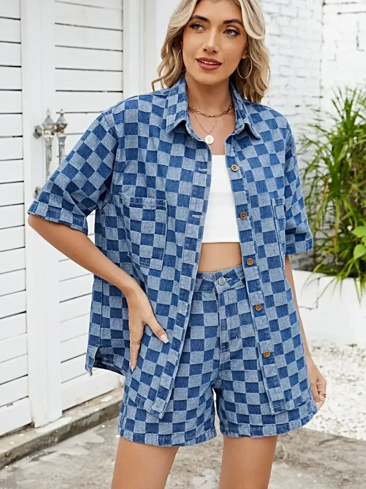 Checkered Shirt and Shorts Denim Set -