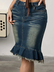 Raw Hem Mermaid Denim Skirt -