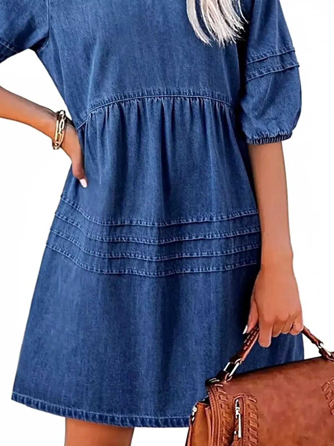 Casual V-Neck Puff Sleeve Denim Mini Dress -