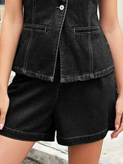 Button Down Vest and Shorts Denim Set -