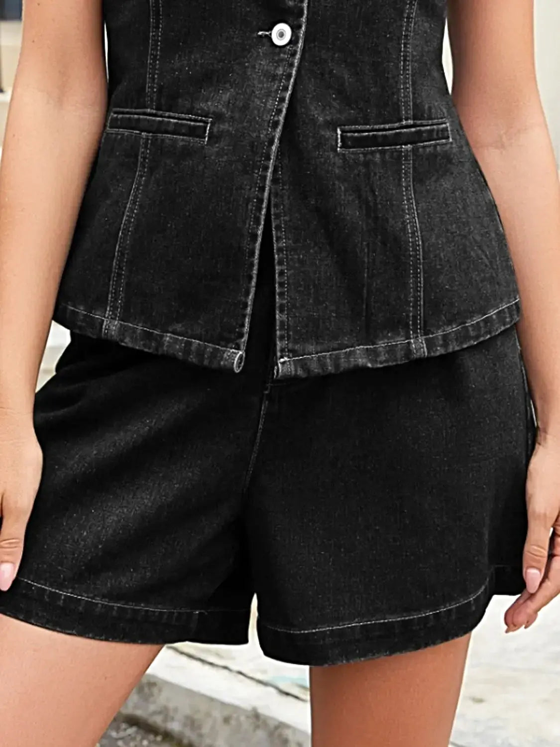 Button Down Vest and Shorts Denim Set -