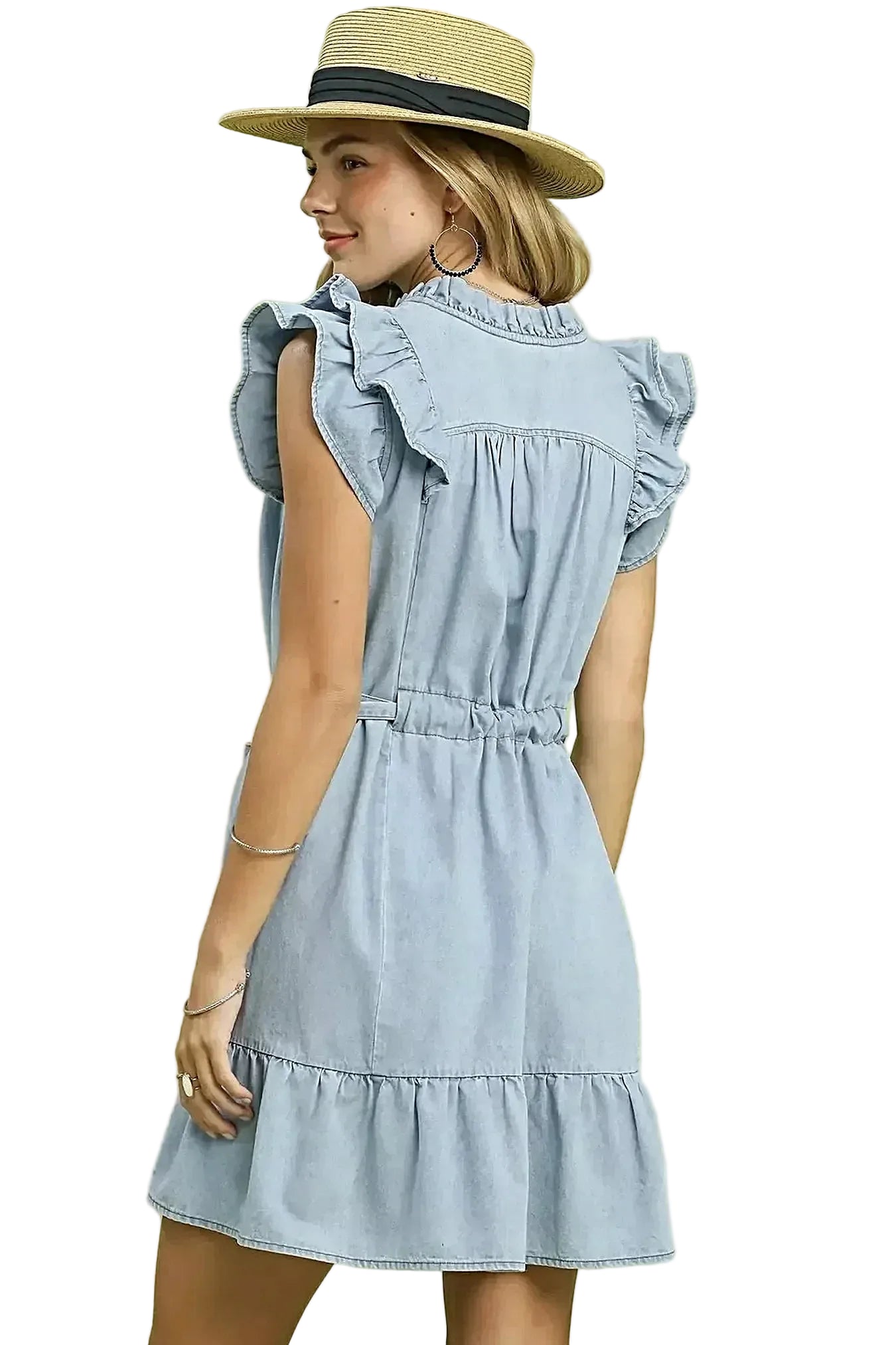 Umgee Chambray Ruffled Denim Dress with Side Pockets -
