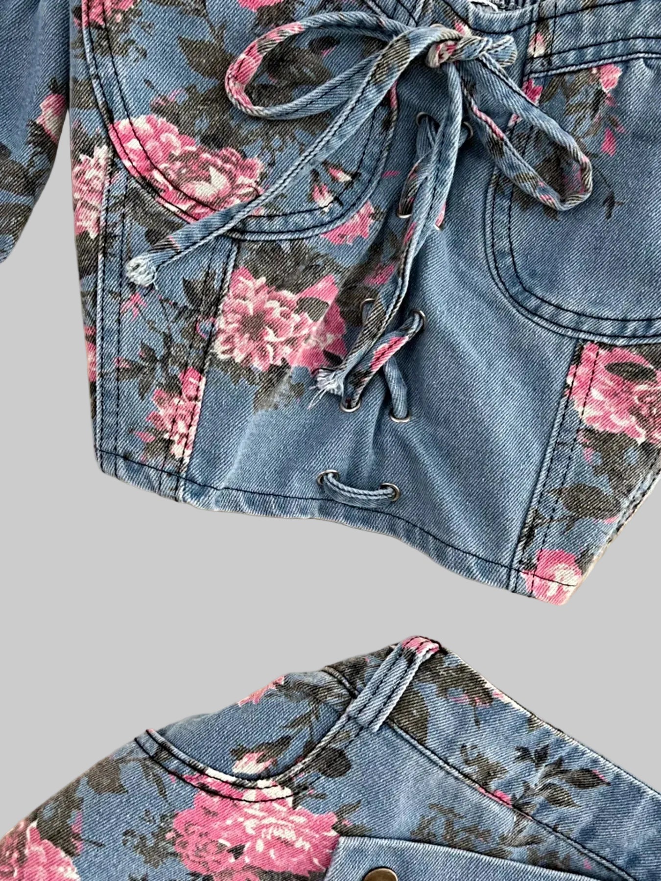 Floral Print Sweetheart Neck Cami and Skirt Denim Set -