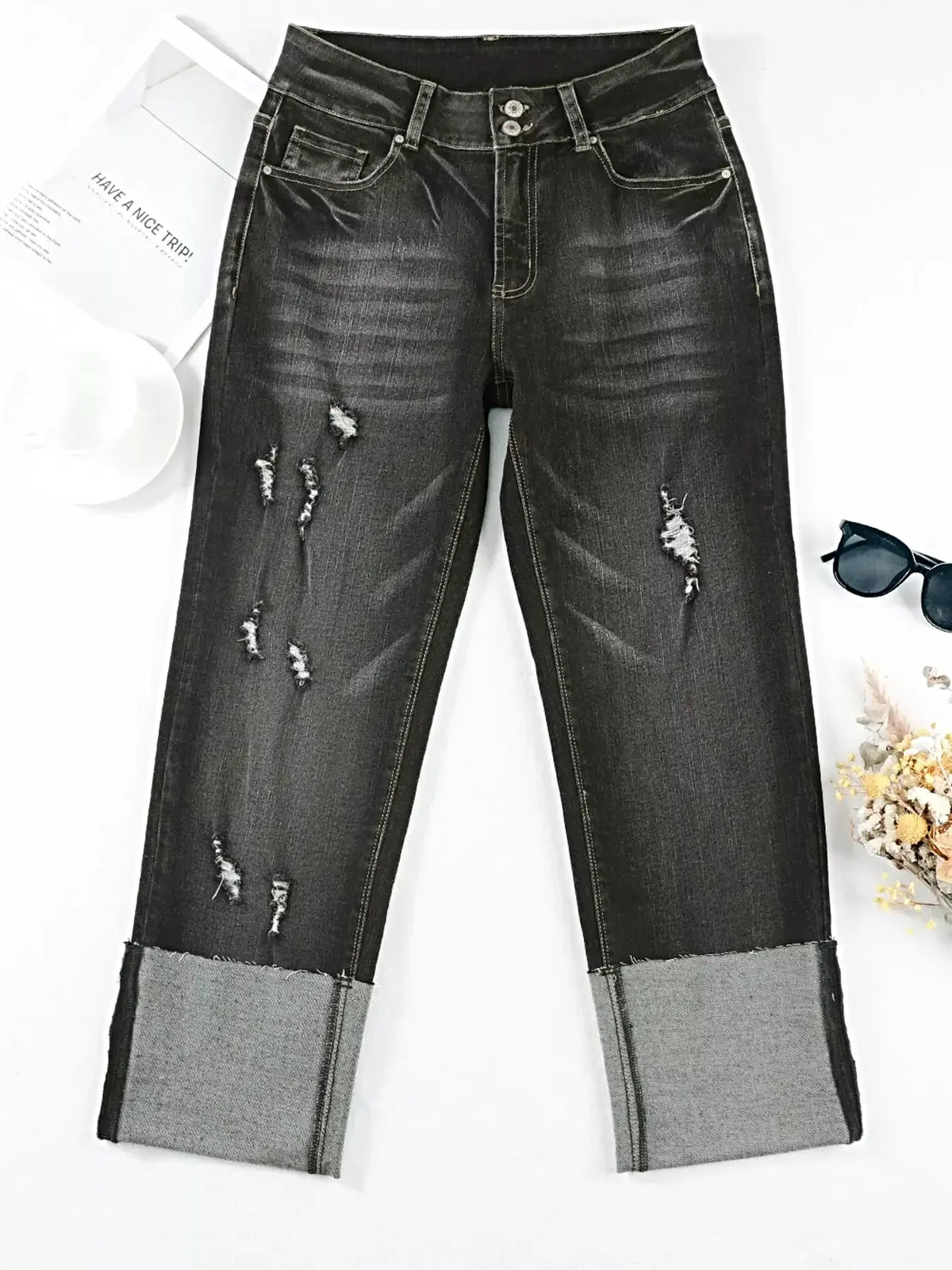High Waist Distressed Straight Leg Jeans -