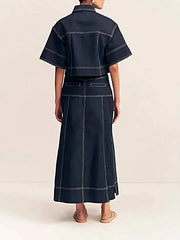 High Waisted Denim Skirt with Side Slit and Contrast Stitch - Chic Maxi Style -