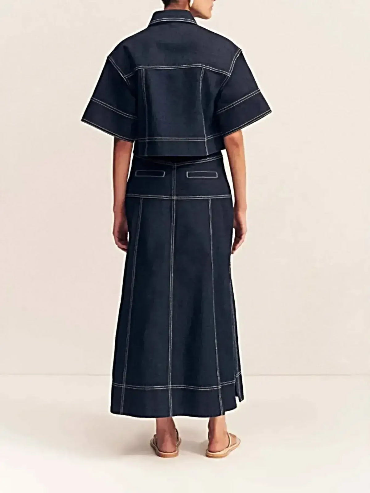 High Waisted Denim Skirt with Side Slit and Contrast Stitch - Chic Maxi Style -