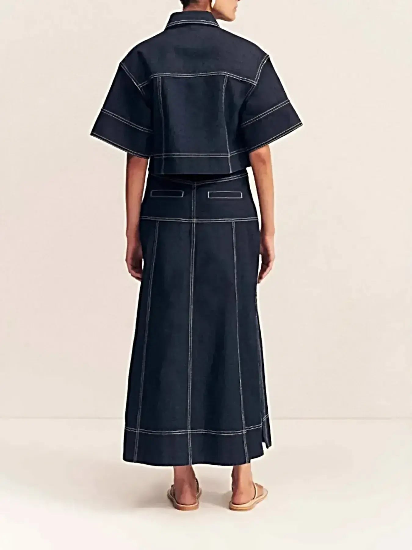 High Waisted Denim Skirt with Side Slit and Contrast Stitch - Chic Maxi Style -