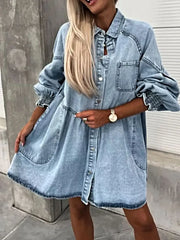 Chic Oversized Long Sleeve Button-Up Denim Dress with Pockets – Perfectly Fashionable -