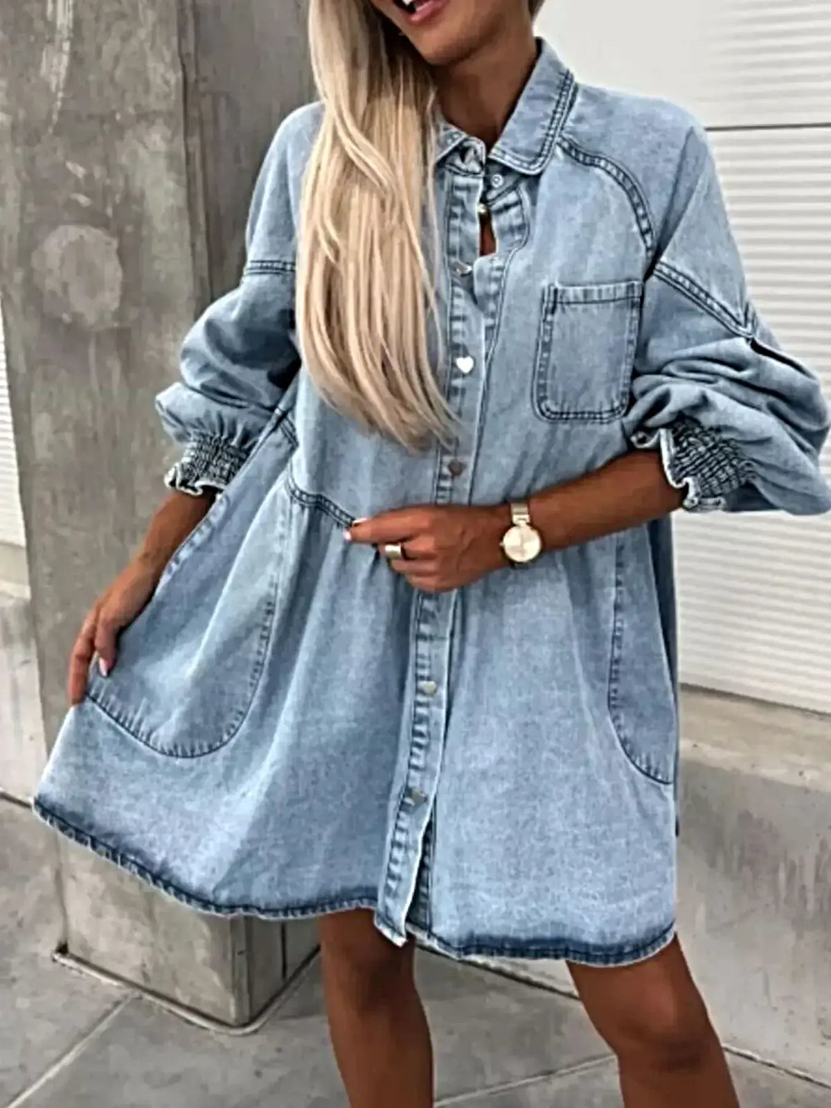 Chic Oversized Long Sleeve Button-Up Denim Dress with Pockets – Perfectly Fashionable -