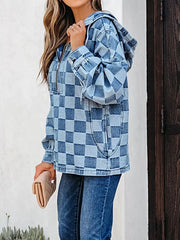 Checkered Half Zip Denim Hoodie Top -