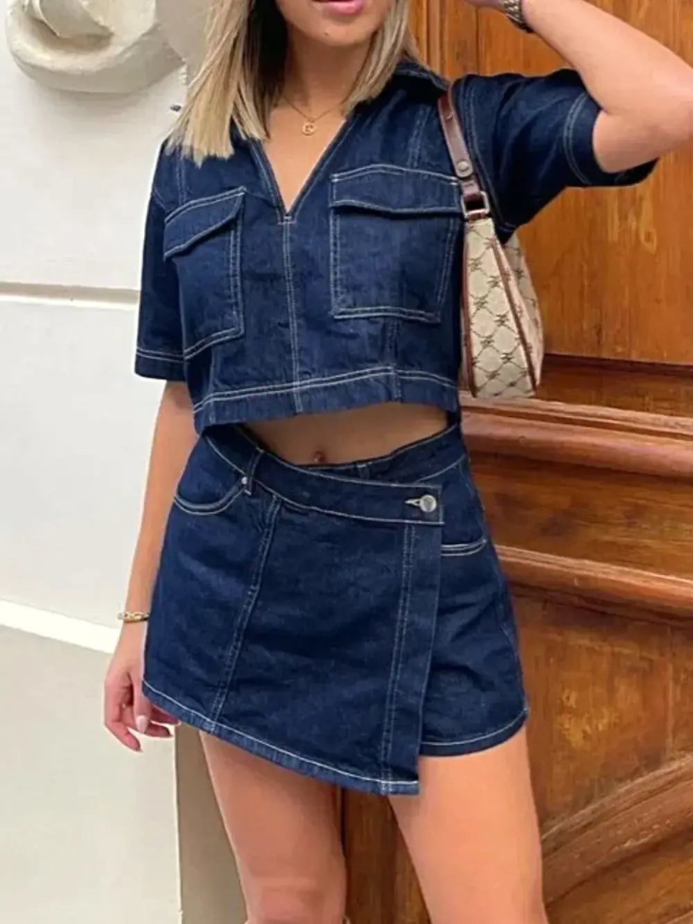 Johnny Collar Short Sleeve Top and Skort Denim Set -