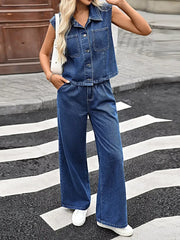 Button Up Vest and Jeans Denim Set -