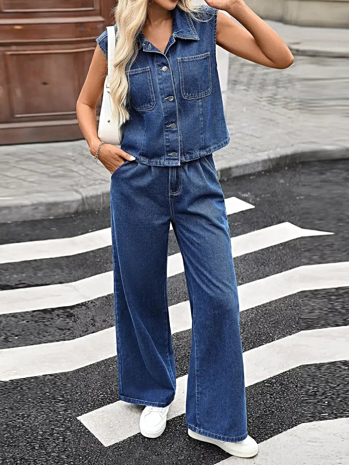 Button Up Vest and Jeans Denim Set -