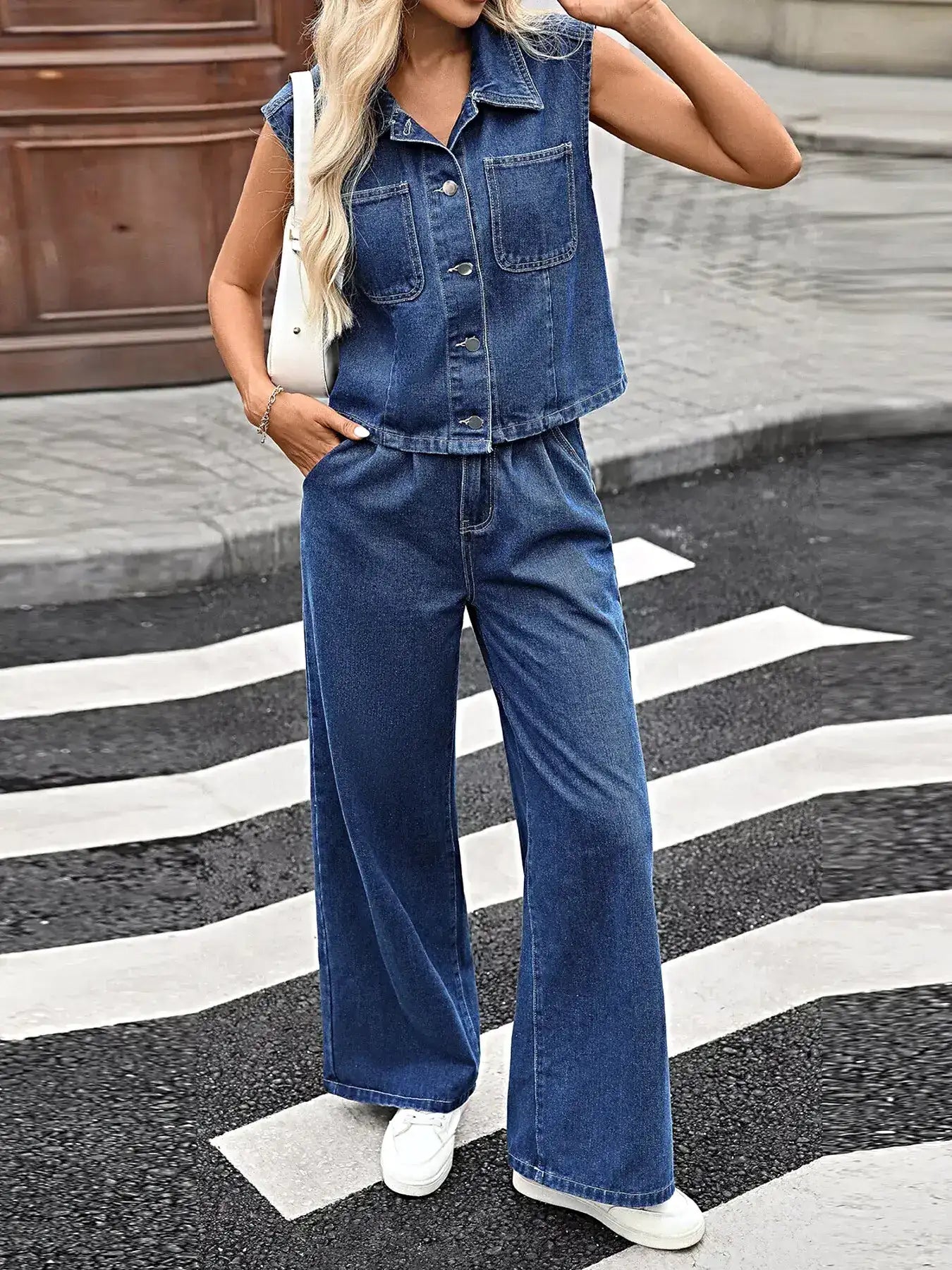 Button Up Vest and Jeans Denim Set -