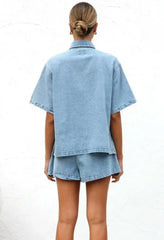 Collared Neck Button Up Top and Shorts Denim Set -