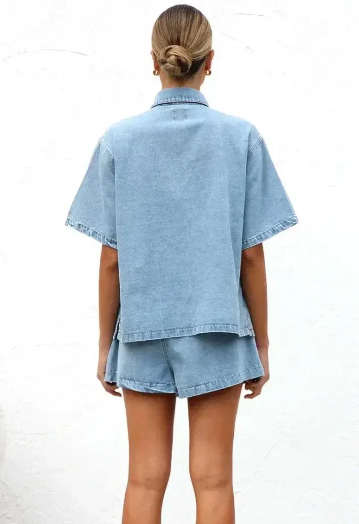Collared Neck Button Up Top and Shorts Denim Set -