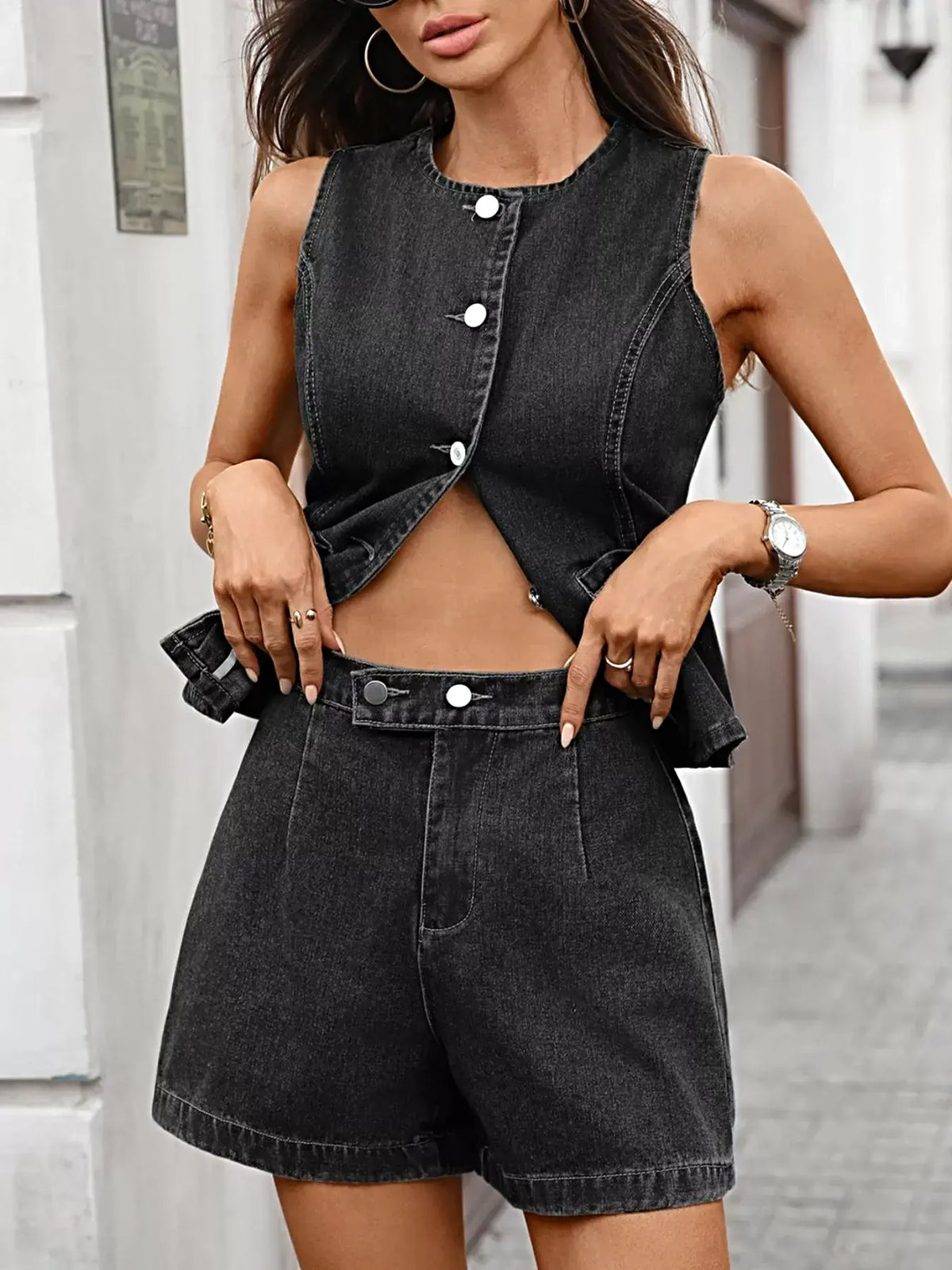 Sleeveless Button-Down Denim Vest & Shorts Set -