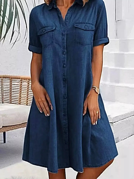 Full Size Button-Front Short Sleeve Denim Dress Plus Size -