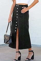 Button Fly Side Split Denim Midi Skirt -