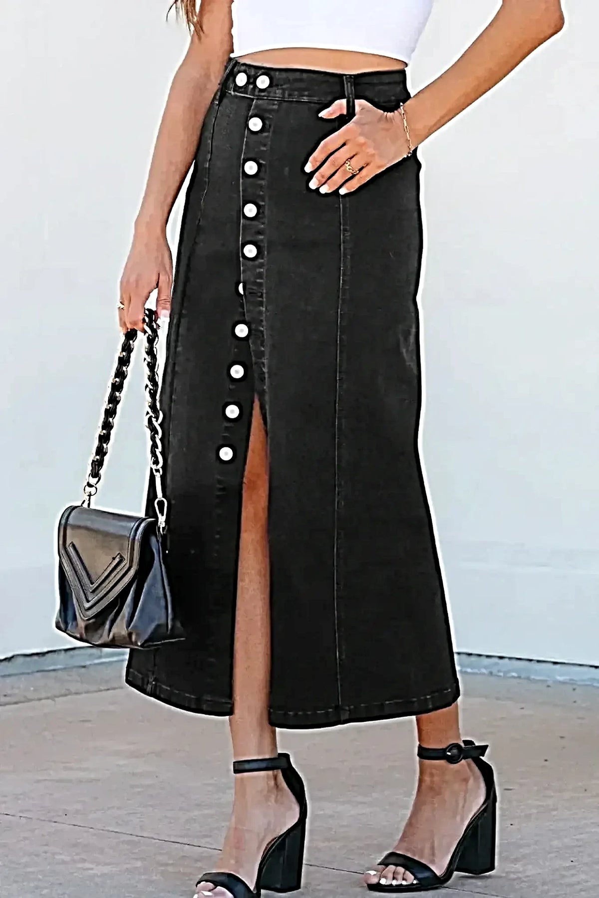 Button Fly Side Split Denim Midi Skirt -