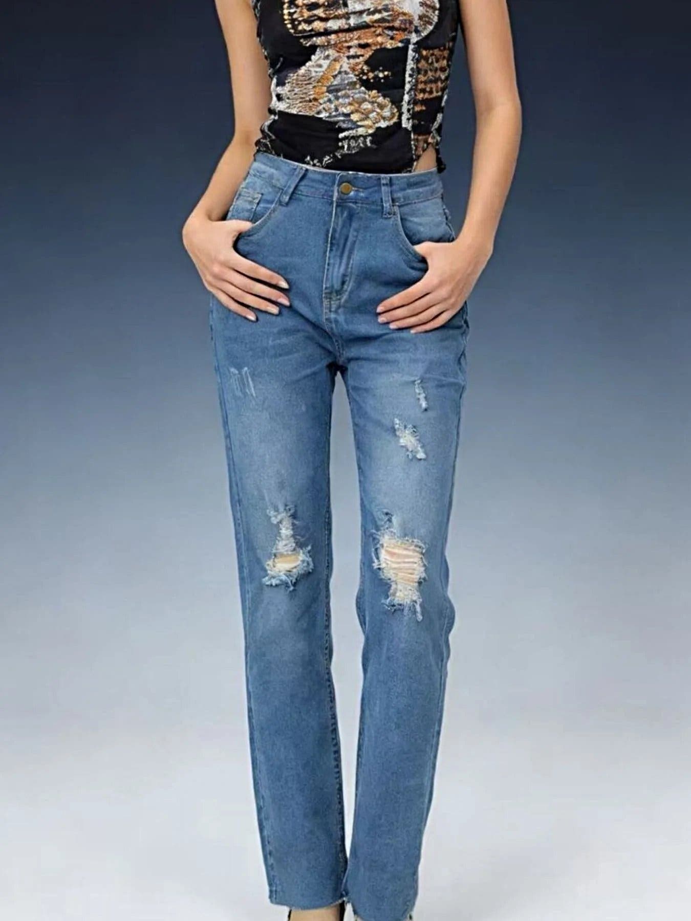 High-Waisted Distressed Jeans -