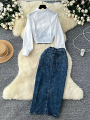 Frayed Denim Patchwork Top & Slit Maxi Skirt Denim Set -