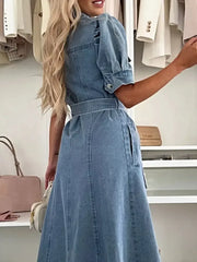 Elegant Puff Sleeve Button Down Belted Denim Midi Dress with Pockets -