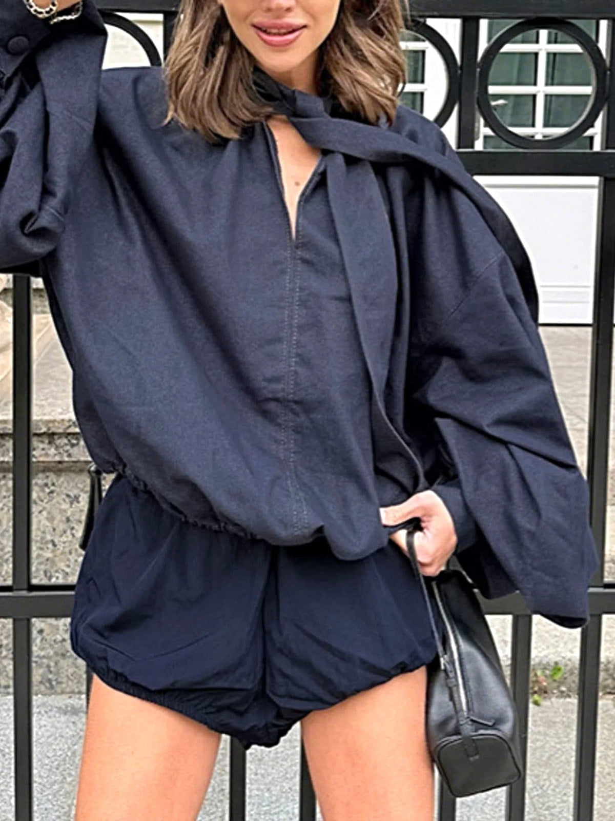 Tie Front Denim Top and Shorts Set -