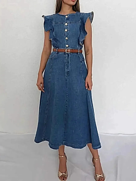 Button-Front Ruffle Sleeve Denim Midi Dress -