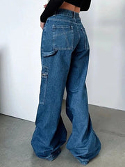 Zipper Pocket Wide Leg Cargo Jeans -