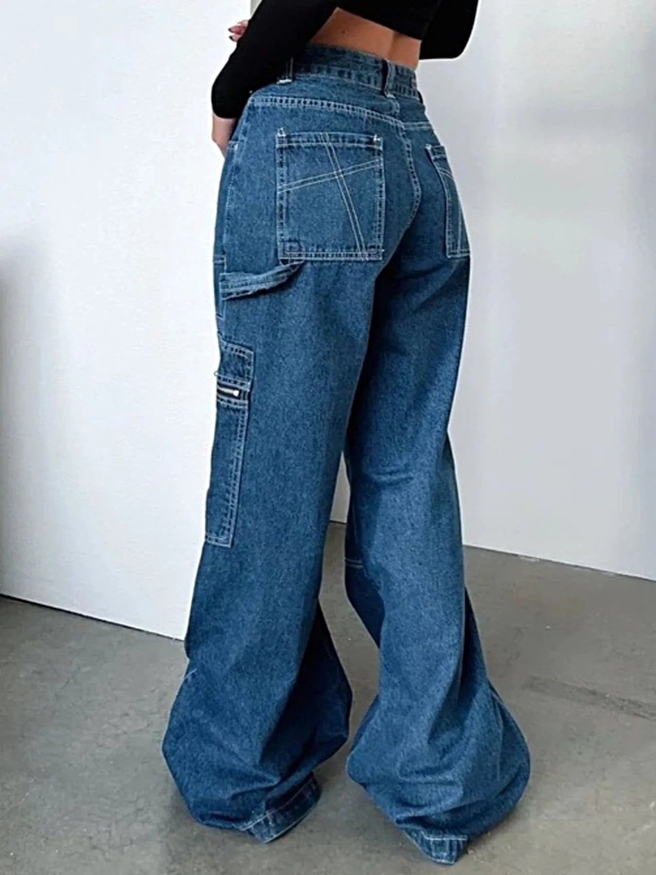 Zipper Pocket Wide Leg Cargo Jeans -