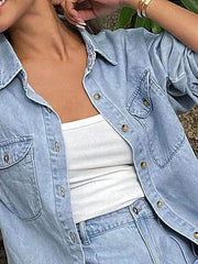 Button Up Long Sleeve Shirt and Shorts Denim Set -