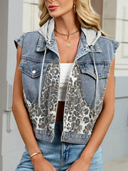 Leopard Button Up Hooded Denim Vest -