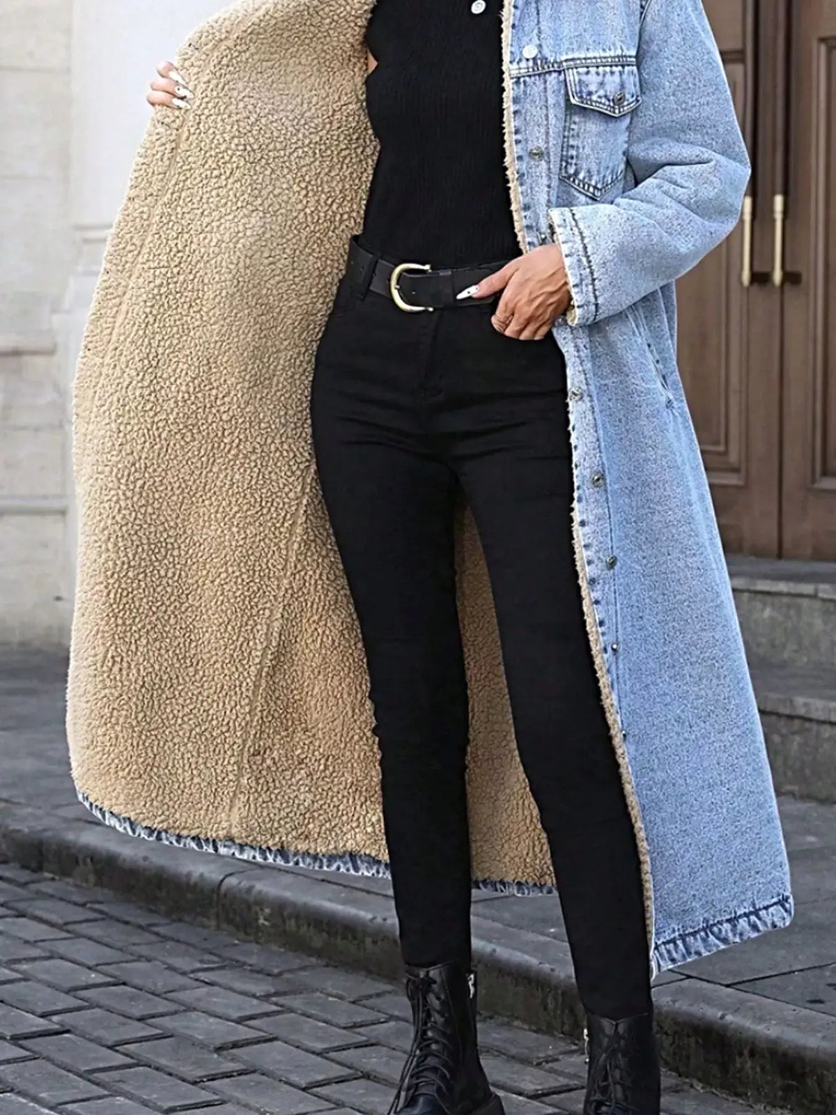 Sherpa Lined Longline Denim Jacket -