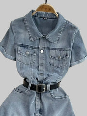 Button Front Short Sleeve Denim Romper -