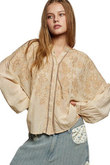 POL Embroidery Button Down Long Sleeve Washed Shirt -