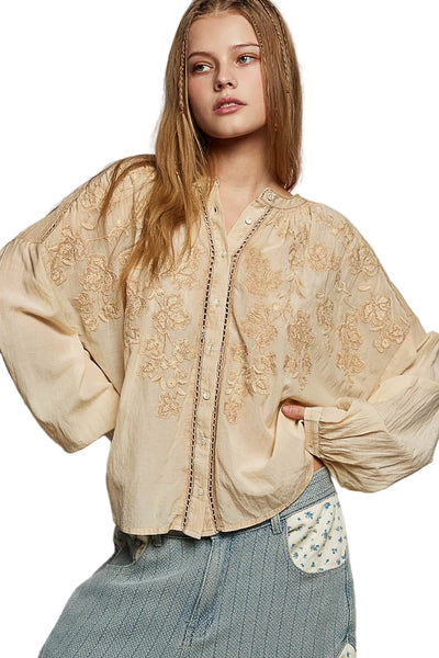 POL Embroidery Button Down Long Sleeve Washed Shirt -