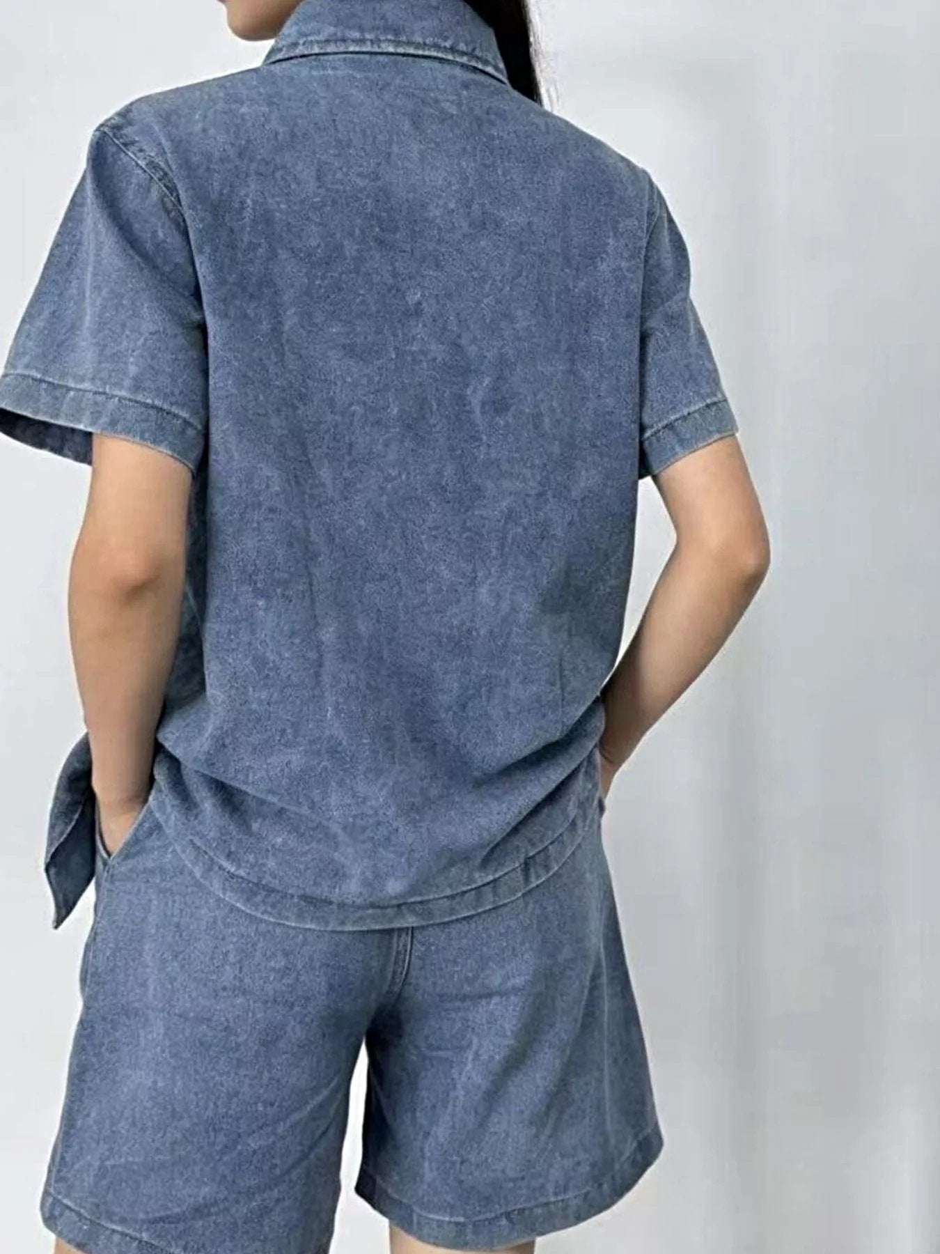 Button Up Short Sleeve Top and Shorts Denim Set -