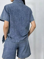 Button Up Short Sleeve Top and Shorts Denim Set -