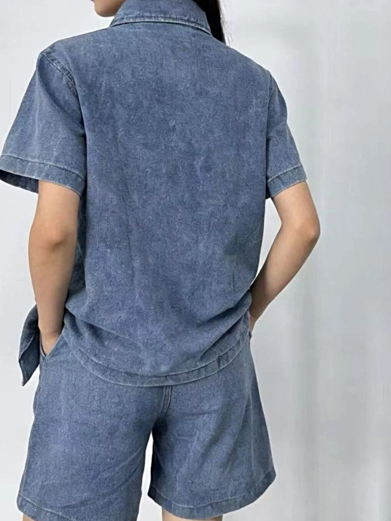 Button Up Short Sleeve Top and Shorts Denim Set -