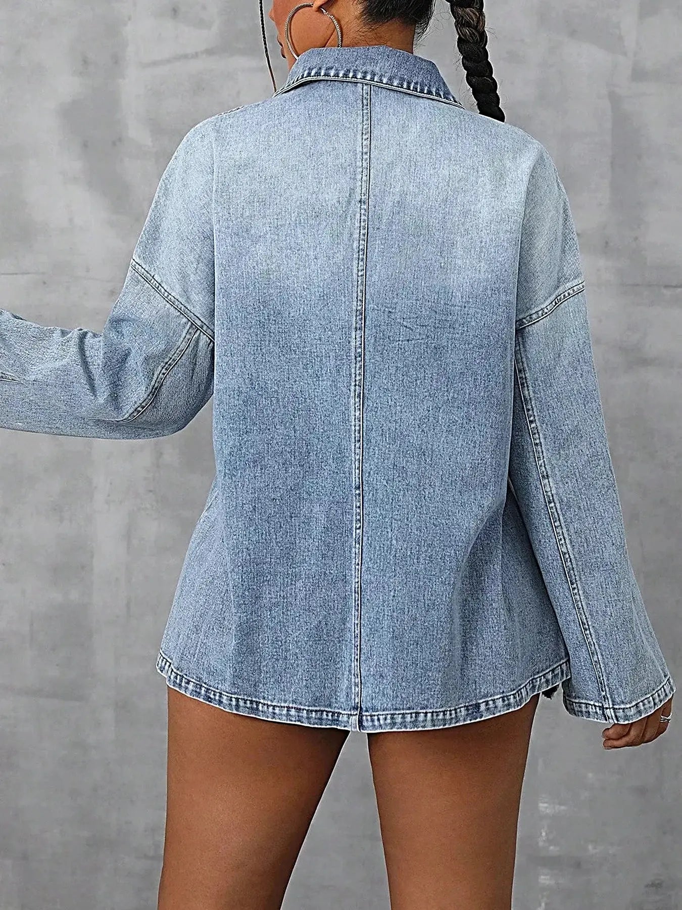 Collared Neck Drop Shoulder Denim Top -