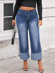 Plus Size High Waist Cuffed Wide Leg Jeans -