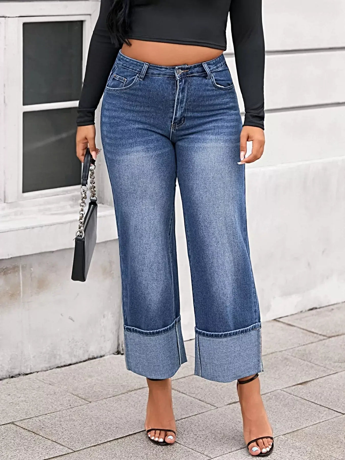 Plus Size High Waist Cuffed Wide Leg Jeans -