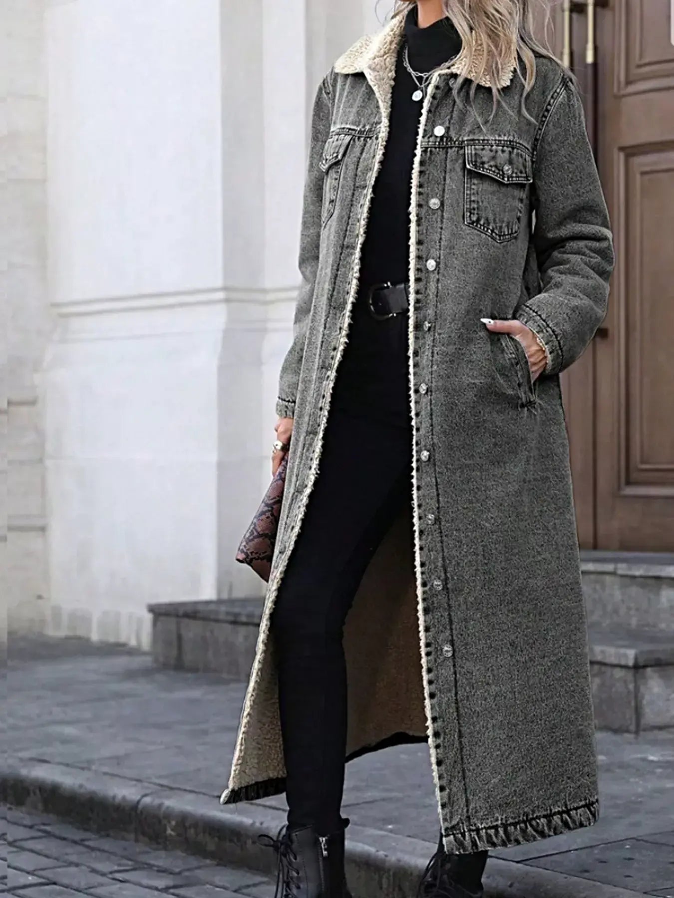 Sherpa Lined Longline Denim Jacket -